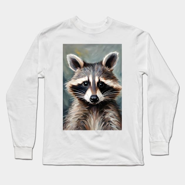 Raccoon Portrait Oil Painting Art Long Sleeve T-Shirt by Art-Jiyuu